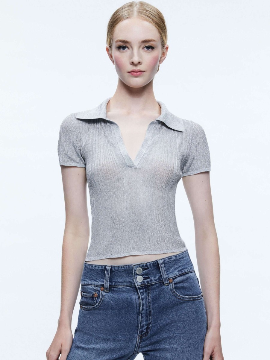 Tops * | Martha Metallic Polo Crop Top Alice And Olivia Clearance Sale