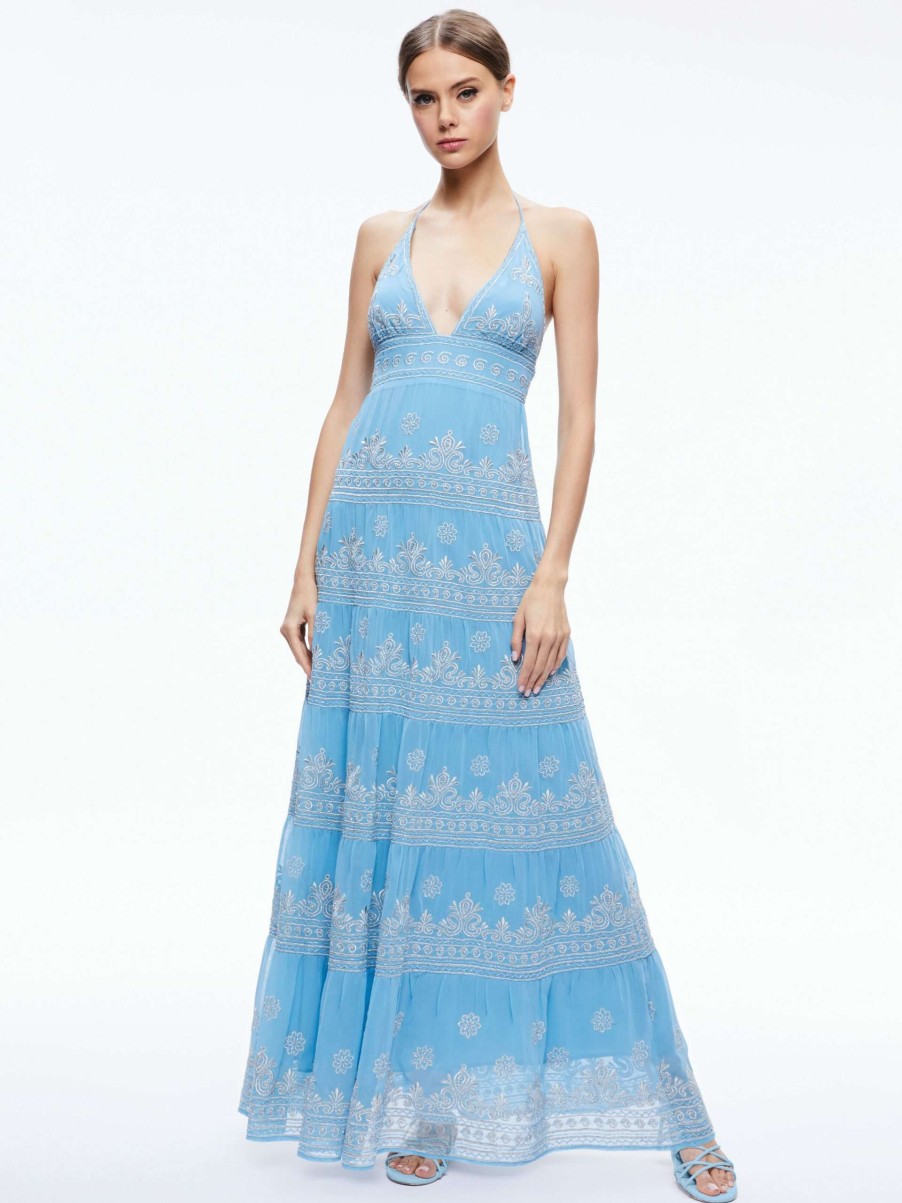 Dresses * | Karolina Embroidered Halter Neck Maxi Dress Alice And Olivia Fashionable