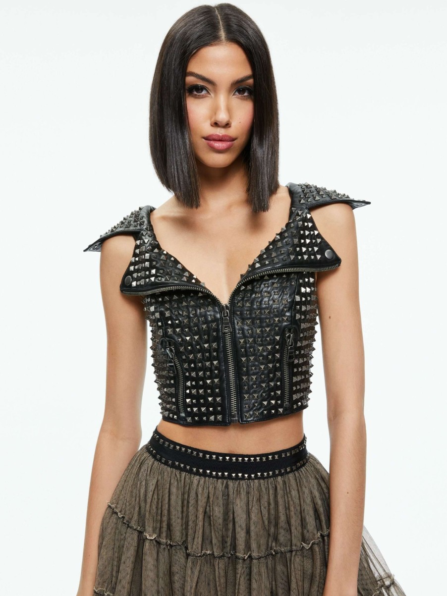 Tops * | Digna Studded Moto Top Alice And Olivia Fashionable