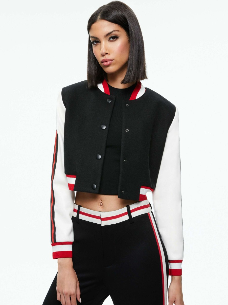 Jackets & Coats * | Barton Cropped Vegan Leather Varsity Jacket Alice And Olivia Discount Store