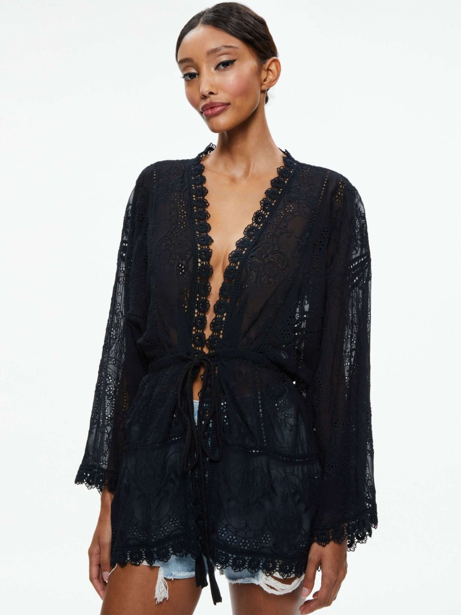 Tops * | Shona Embroidered Batwing High Low Blouse Alice And Olivia Fashionable