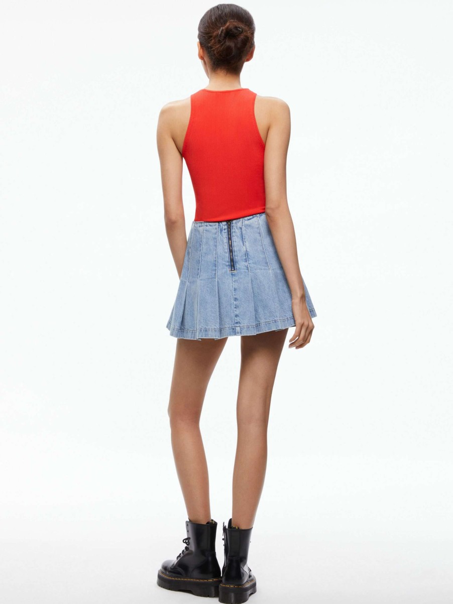 Skirts * | Carter Pleated Denim Mini Skirt Alice And Olivia Low Price