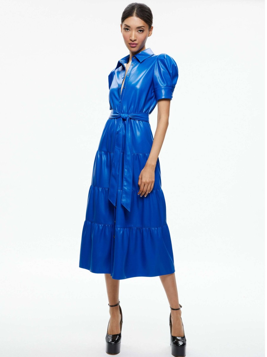 Dresses * | Miranda Vegan Leather Tiered Dress Alice And Olivia Discount Sale