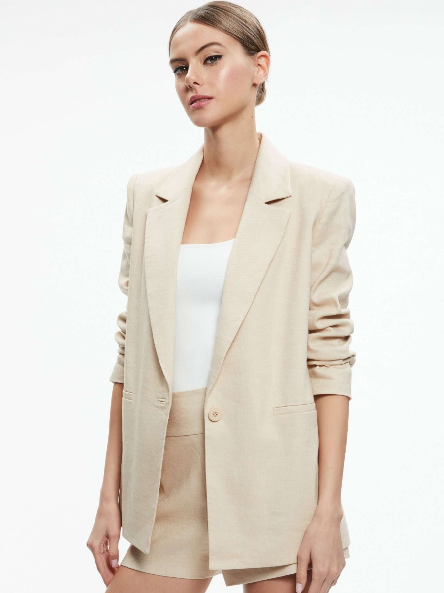 Jackets & Coats * | Denny Linen Notch Collar Boyfriend Blazer Alice And Olivia Excellent Quality