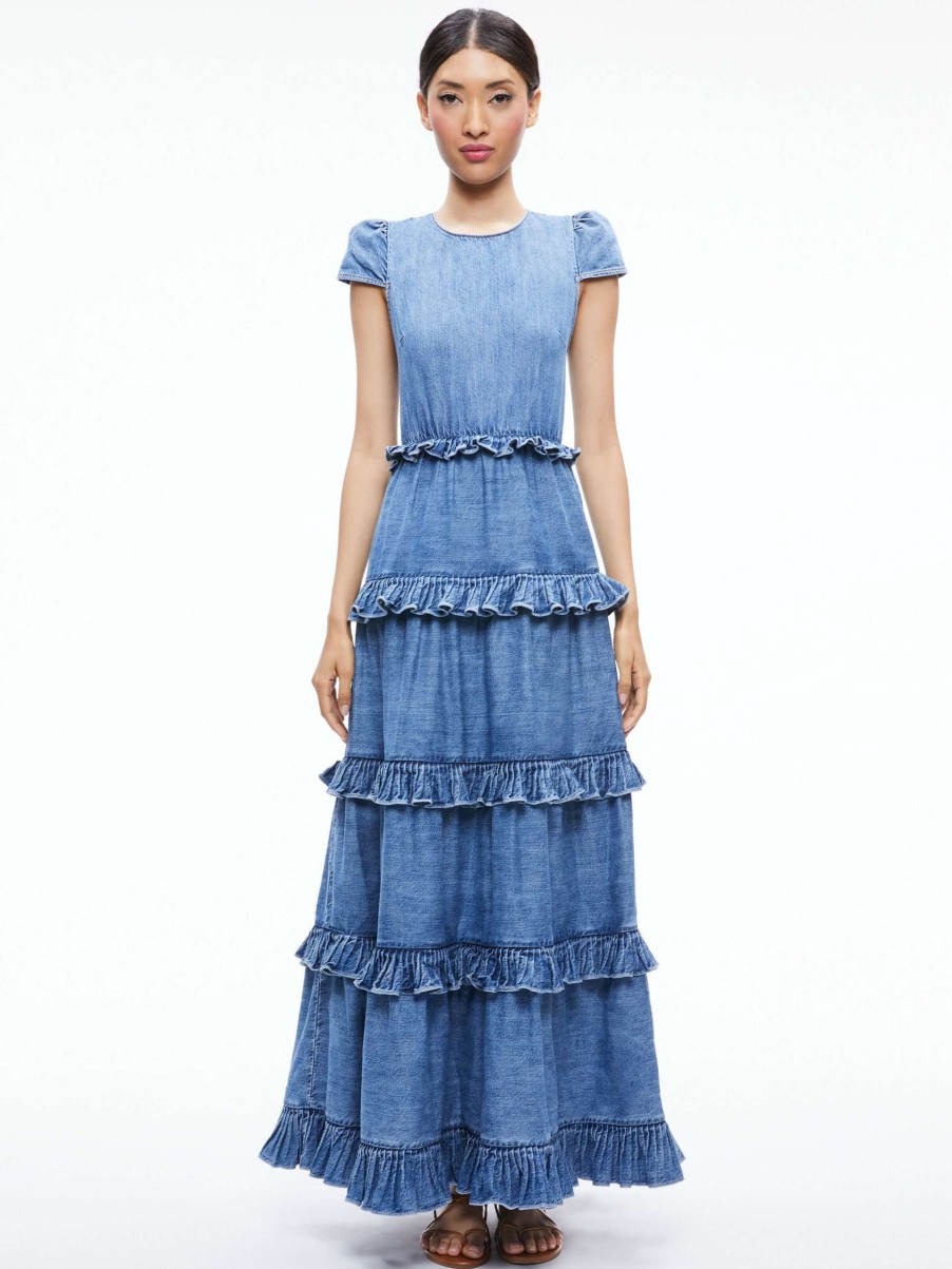 Dresses * | Cadby Denim Ruffled Maxi Dress Alice And Olivia Fashionable