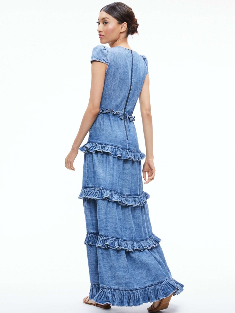 Dresses * | Cadby Denim Ruffled Maxi Dress Alice And Olivia Fashionable