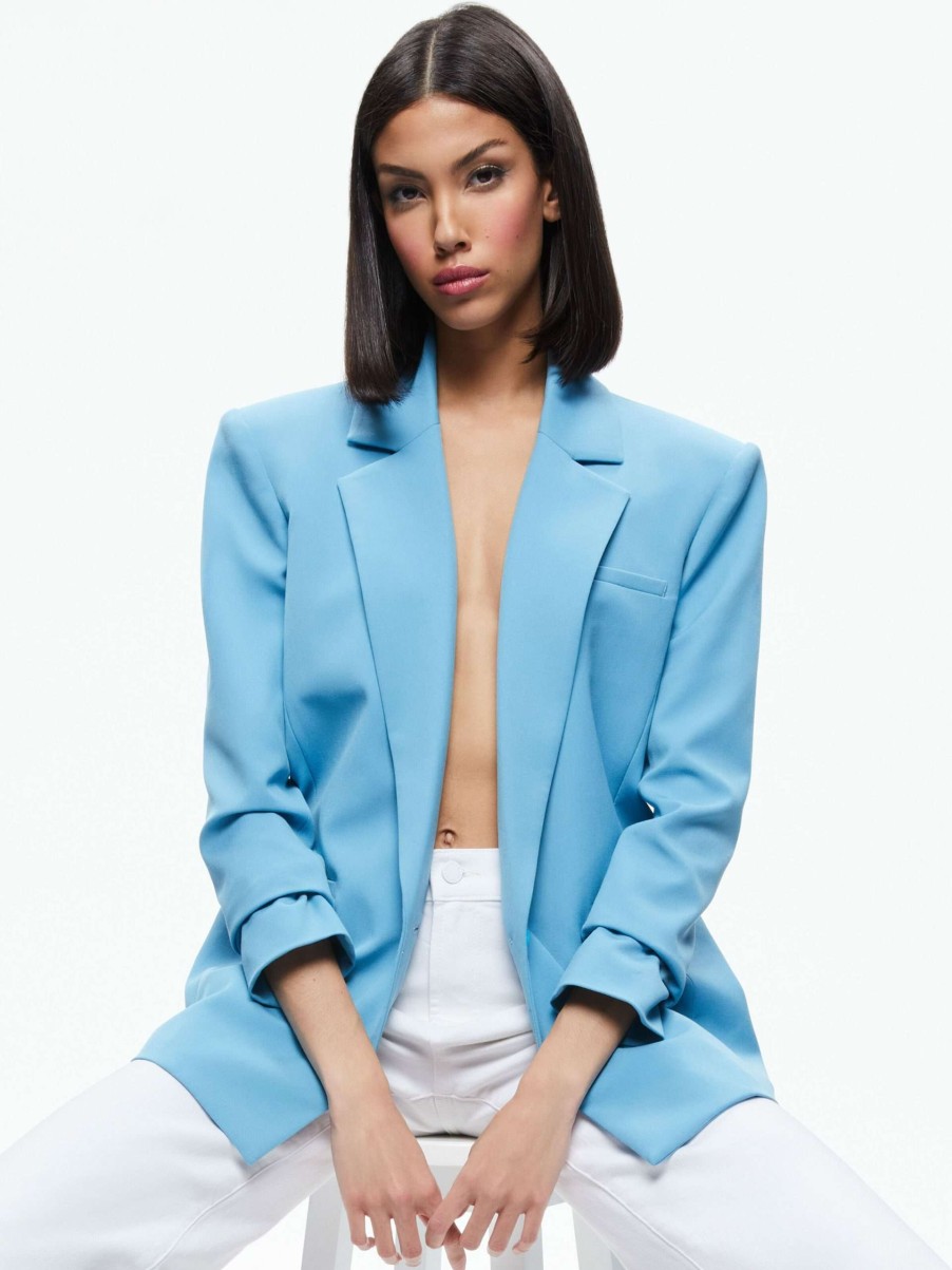 Jackets & Coats * | Shan Strong Shoulder Ruched Sleeve Blazer Alice And Olivia 100% Guarantee