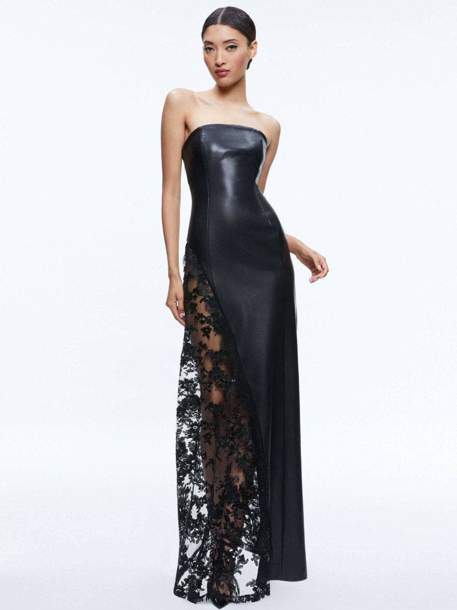 Dresses * | Retha Vegan Leather Lace Maxi Dress Alice And Olivia Original