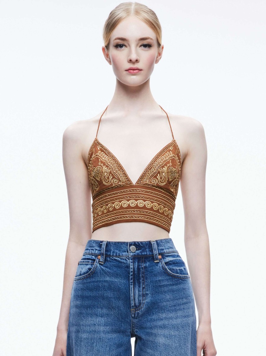 Tops * | Carli Embroidered Tie Neck Bra Top Alice And Olivia Fashionable