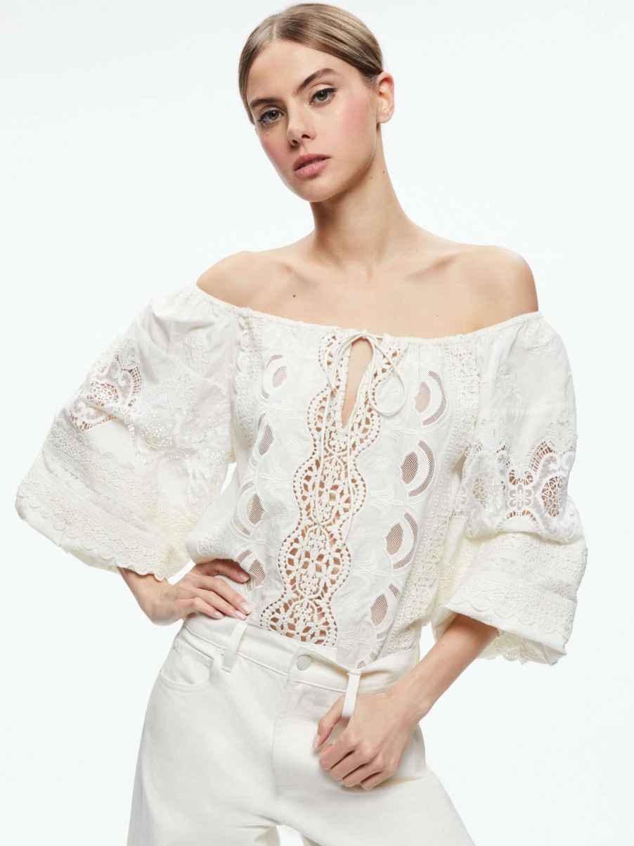 Tops * | Alta Embroidered Off The Shoulder Blouse Alice And Olivia Discount Store