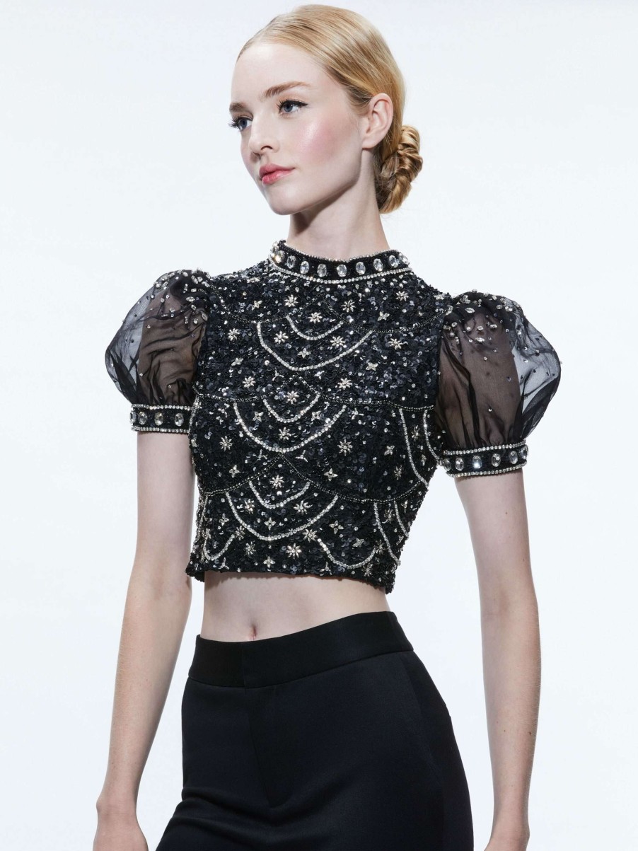 Tops * | Kristina Embellished Puff Sleeve Crop Top Alice And Olivia Exclusive