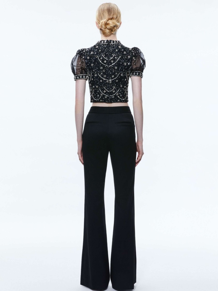 Tops * | Kristina Embellished Puff Sleeve Crop Top Alice And Olivia Exclusive