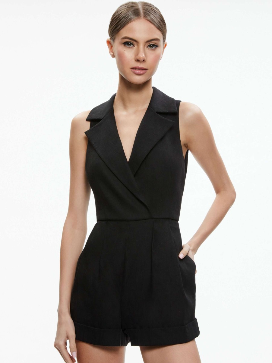 Jumpsuits * | Meritt Double Breasted Tuxedo Romper Alice And Olivia Fashionable