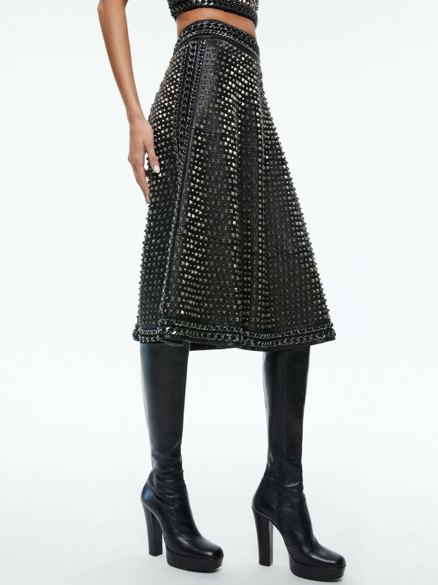 Skirts * | Sosie Studded Leather Midi Skirt Alice And Olivia Free Delivery