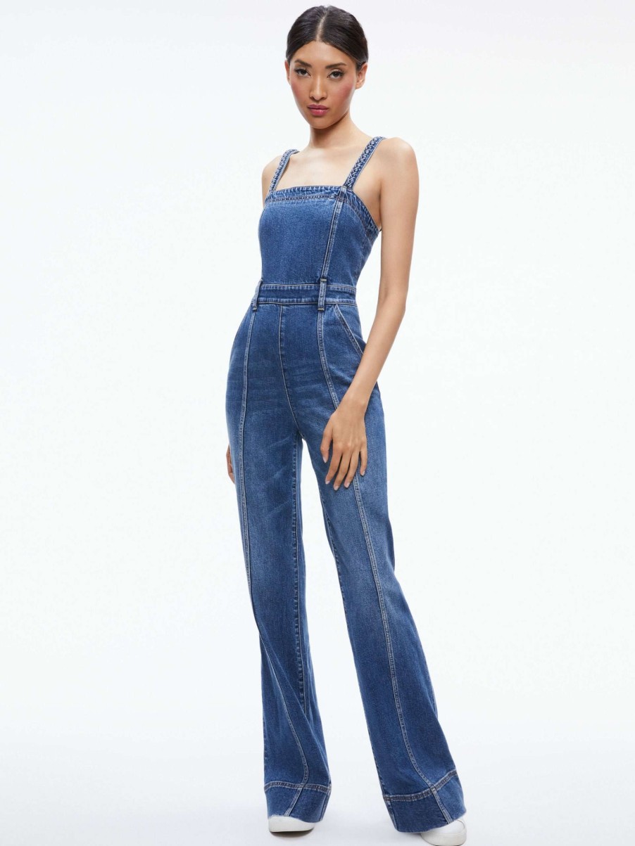 Jumpsuits * | Melody Braided Strap Denim Jumpsuit Alice And Olivia Fashionable