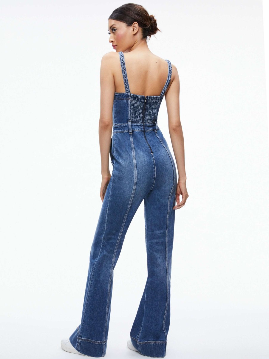 Jumpsuits * | Melody Braided Strap Denim Jumpsuit Alice And Olivia Fashionable