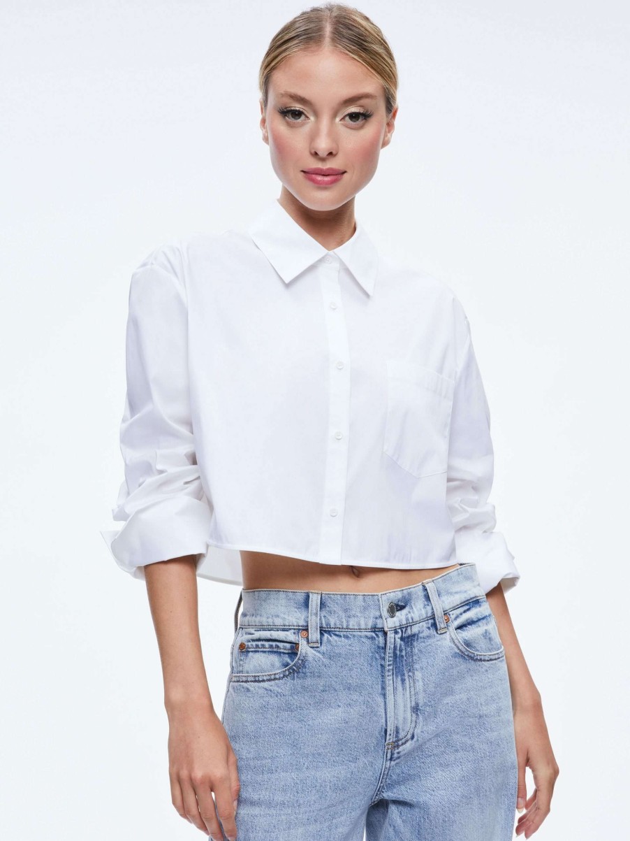 Tops * | Finely Cropped Oversized Button Down Shirt Alice And Olivia Less Expensive