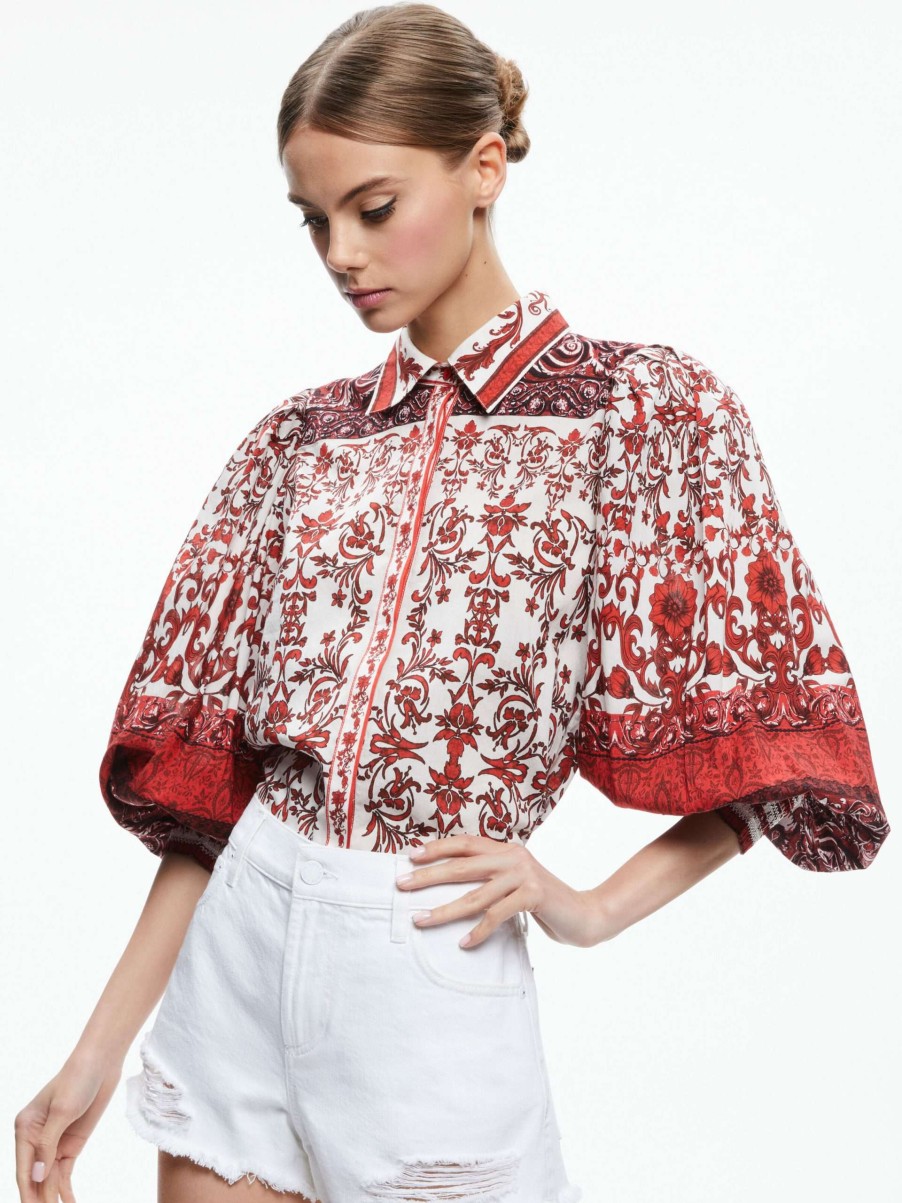 Tops * | Tiffie Collared Puff Sleeve Blouse Alice And Olivia Less Expensive