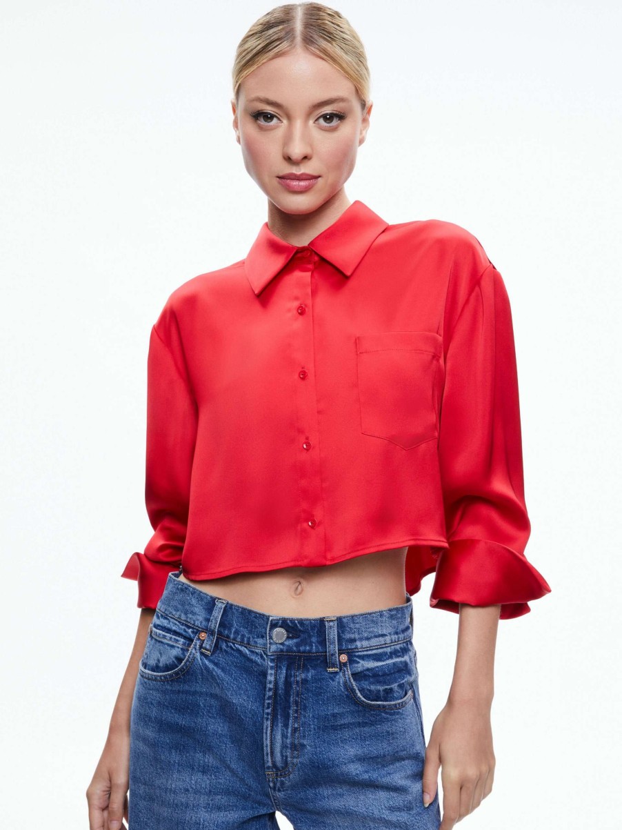 Tops * | Finely Cropped Oversized Button Down Shirt Alice And Olivia Exclusive