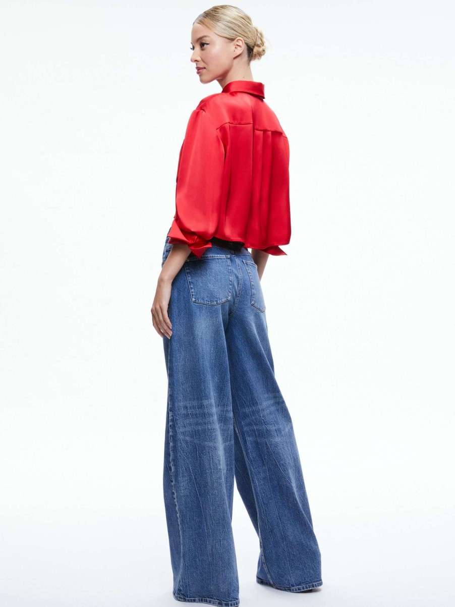 Tops * | Finely Cropped Oversized Button Down Shirt Alice And Olivia Exclusive