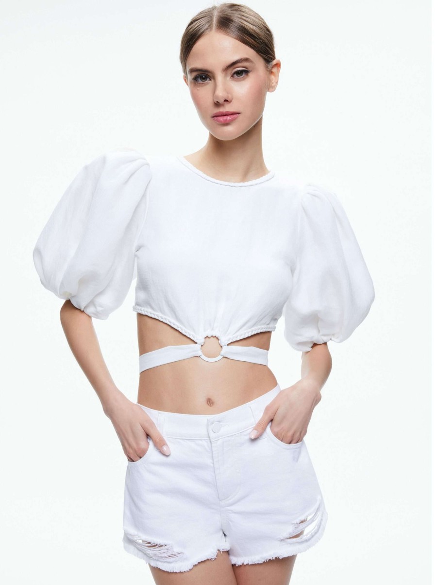 Tops * | Colette Tie Puff Sleeve Crop Top Alice And Olivia Excellent Quality