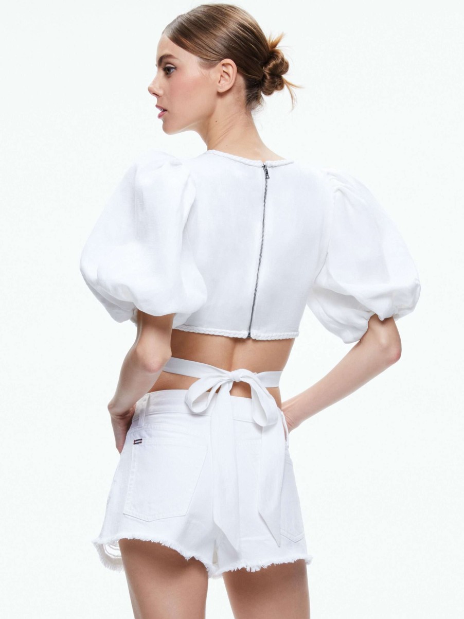 Tops * | Colette Tie Puff Sleeve Crop Top Alice And Olivia Excellent Quality