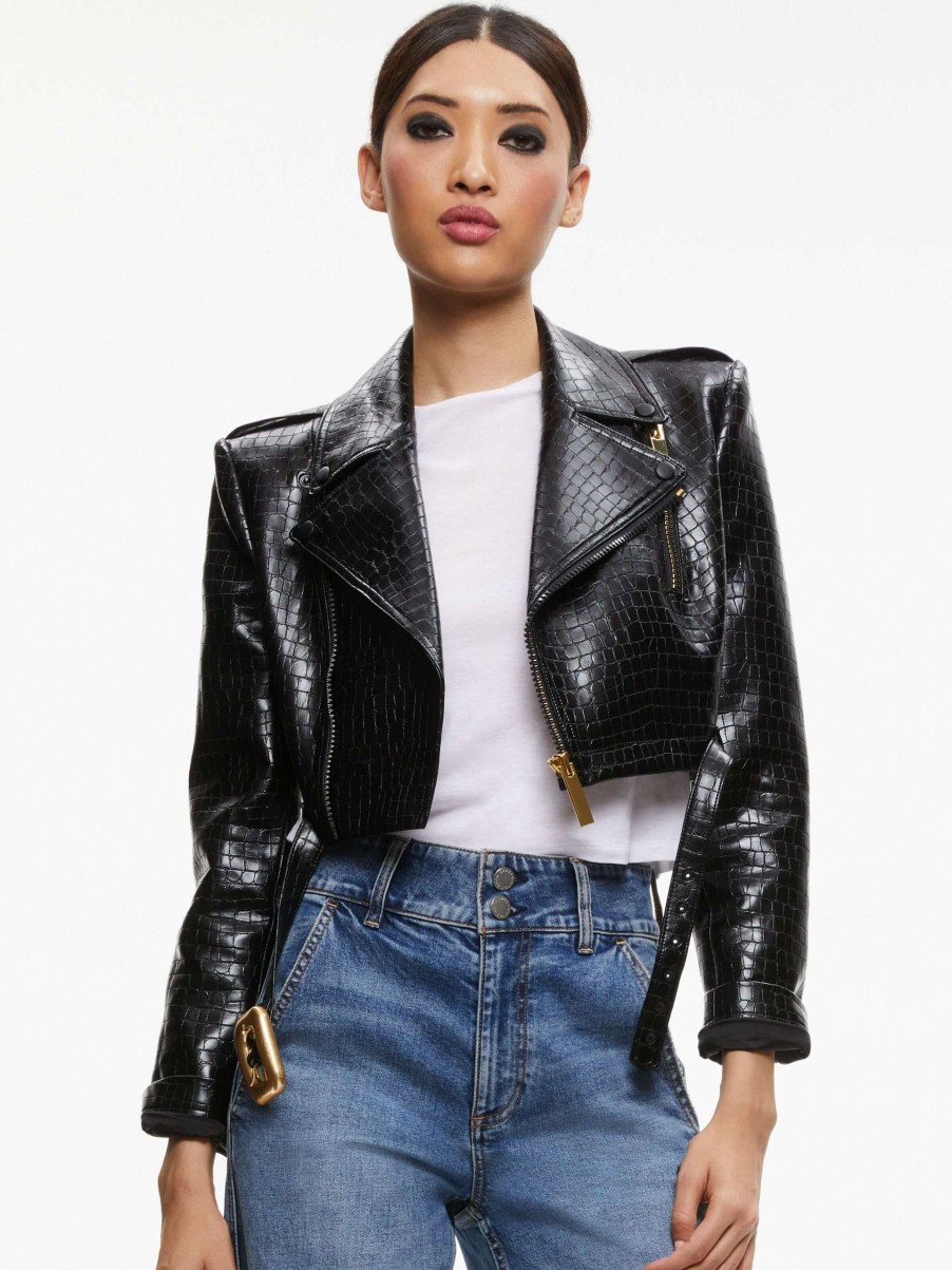 Jackets & Coats * | Krishna Cropped Moto Vegan Leather Jacket Alice And Olivia Flash Sale