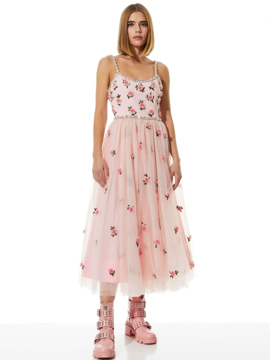 Dresses * | Lupita Crystal Strap Embellished Tulle Midi Gown Alice And Olivia Promotions