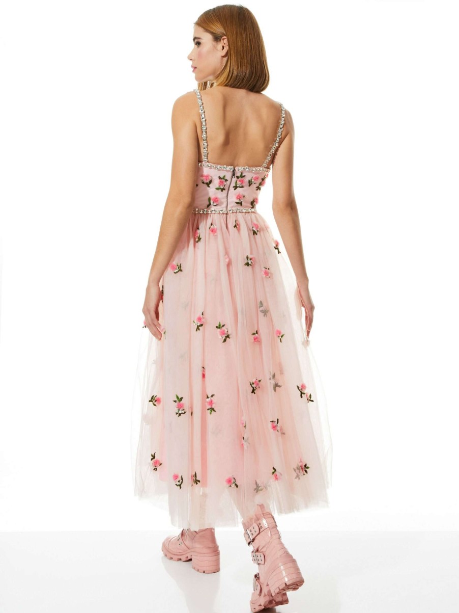 Dresses * | Lupita Crystal Strap Embellished Tulle Midi Gown Alice And Olivia Promotions