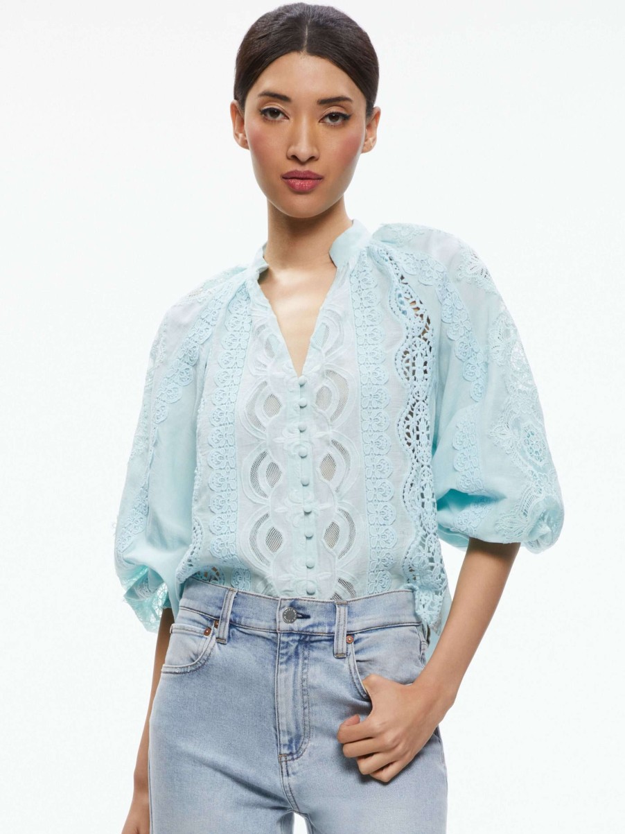 Tops * | Lessie Embroidered Blouson Sleeve Button Front Blouse Alice And Olivia Excellent Quality