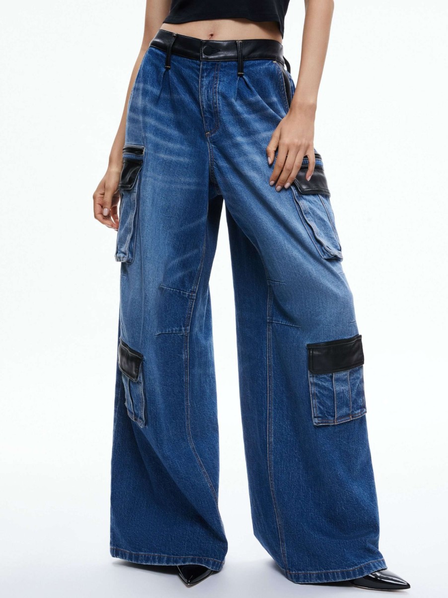 Pants * | Joette Combination Vegan Leather Cargo Jean Alice And Olivia Best-Selling