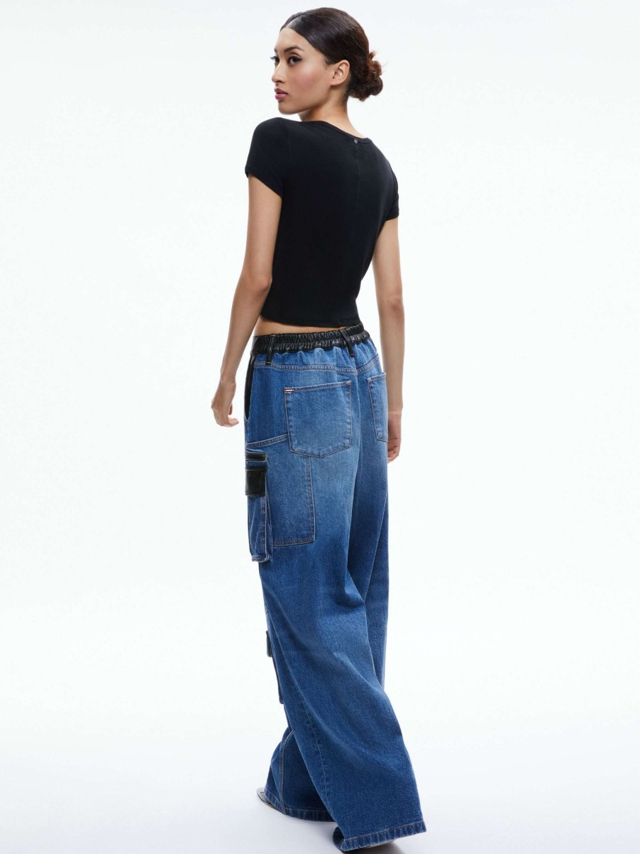 Pants * | Joette Combination Vegan Leather Cargo Jean Alice And Olivia Best-Selling