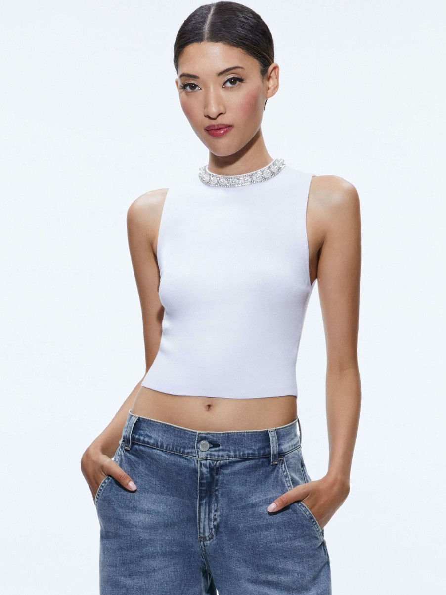 Tops * | Amity Embellished Neck Cropped Tank Alice And Olivia Discounts