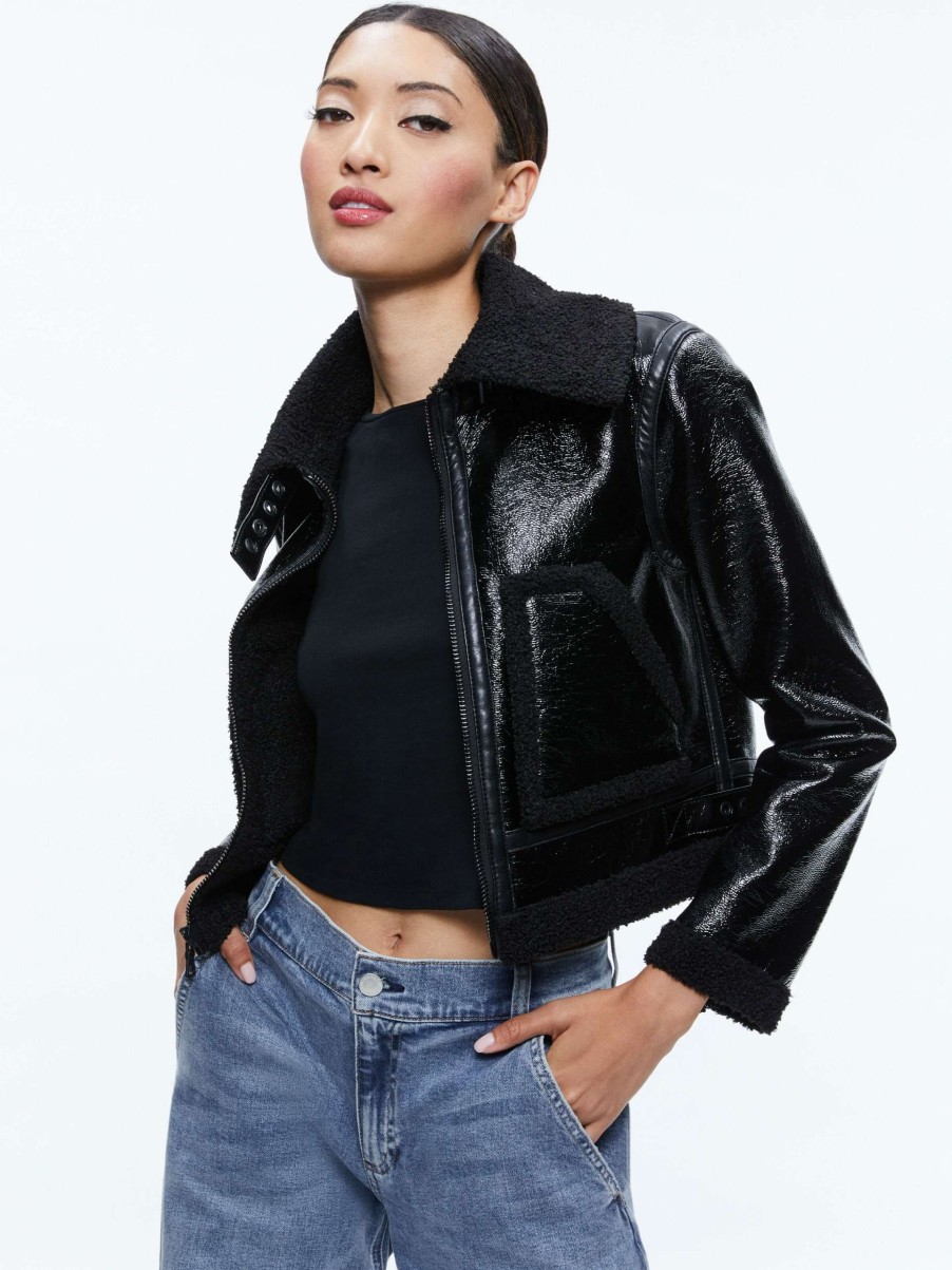 Jackets & Coats * | Isaiah Vegan Leather Faux Shearling Cropped Jacket Alice And Olivia Less Expensive