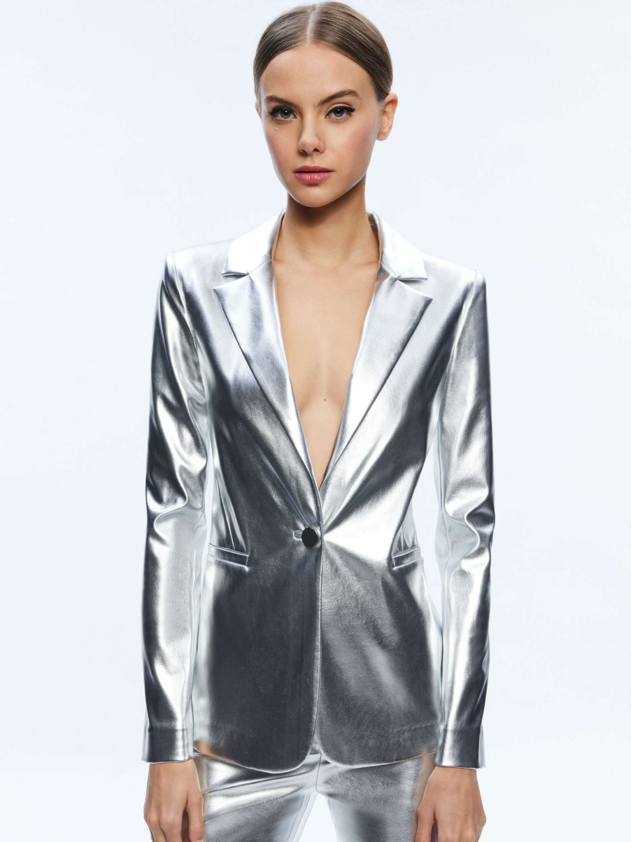 Jackets & Coats * | Macey Metallic Vegan Leather Blazer Alice And Olivia Promotion