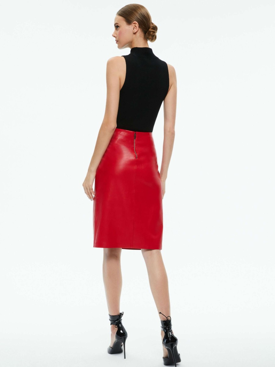 Skirts * | Siobhan Vegan Leather Midi Skirt Alice And Olivia Clearance Sale