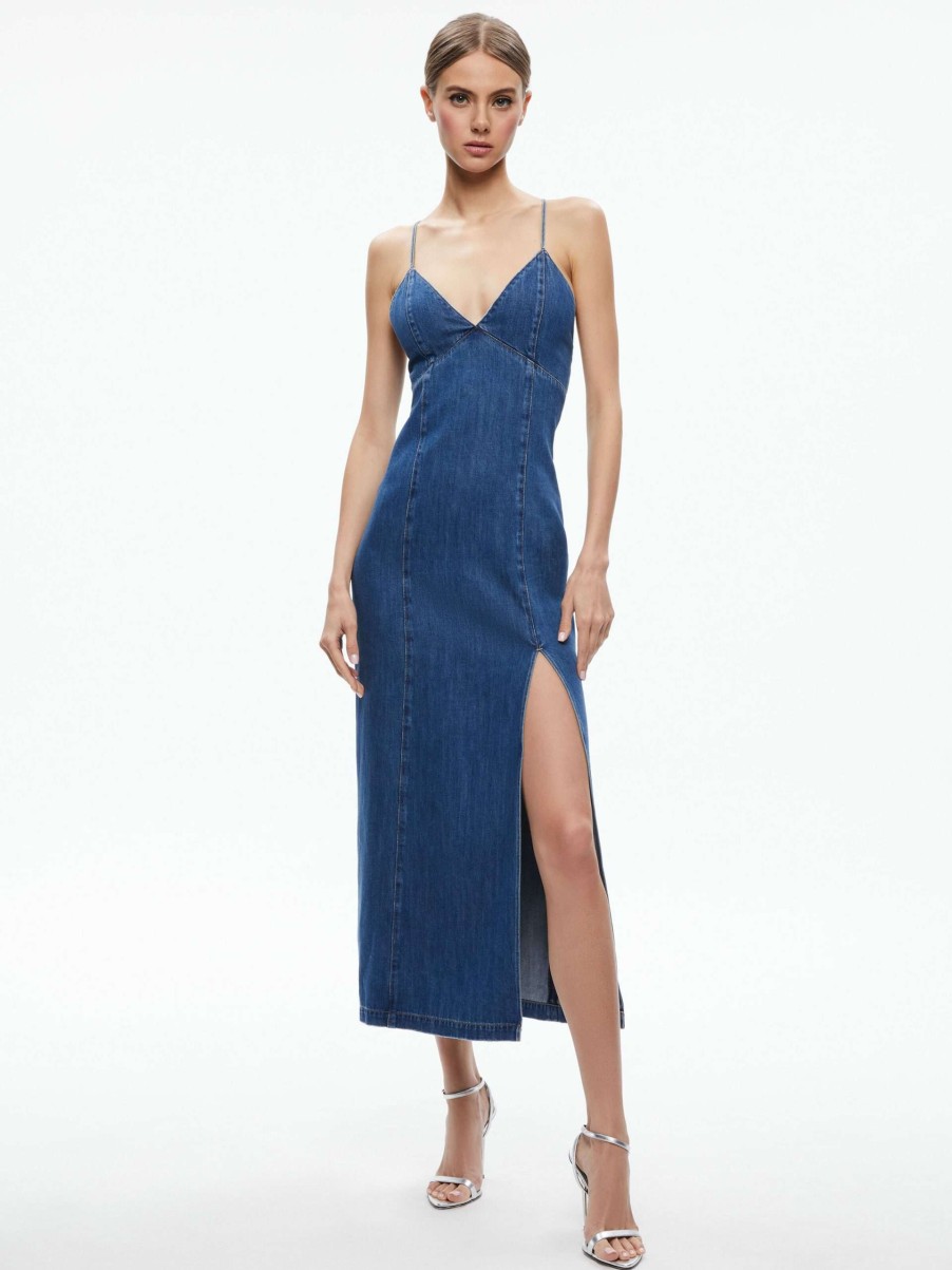 Dresses * | Julietta Denim Slip Dress With Slit Alice And Olivia Low Price