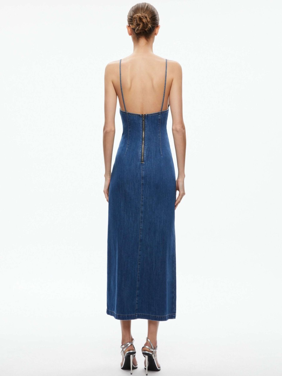 Dresses * | Julietta Denim Slip Dress With Slit Alice And Olivia Low Price