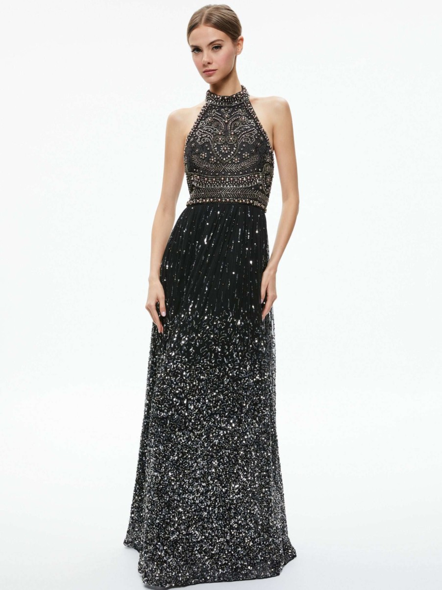 Dresses * | Jael Embellished Halter Neck Maxi Gown Alice And Olivia Reliable Quality