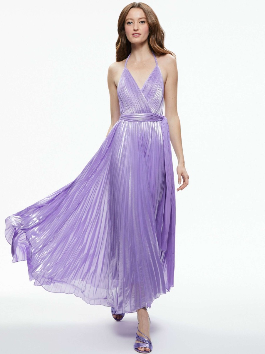 Dresses * | Arista Sleeveless Halter Neck Pleated Maxi Dress Alice And Olivia Special Style