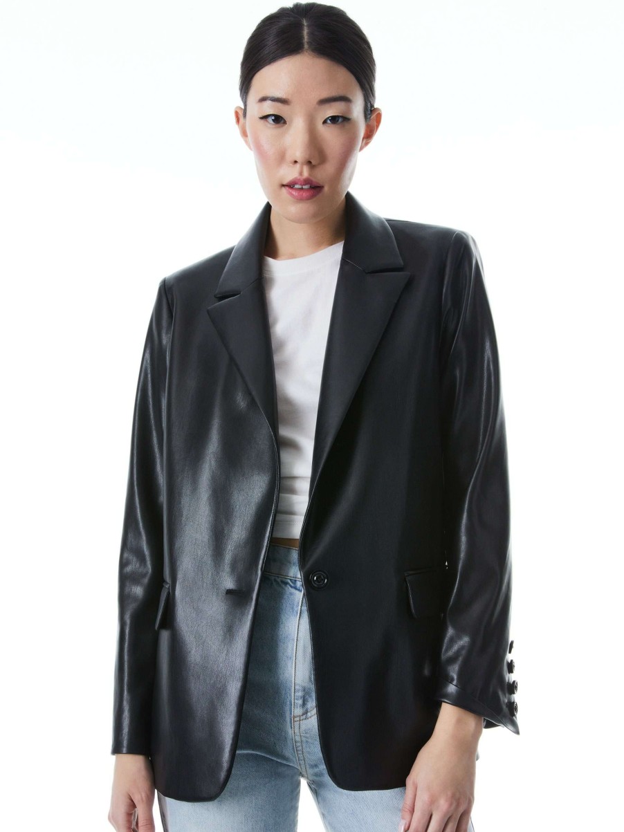 Jackets & Coats * | Denny Vegan Leather Notch Collar Blazer Alice And Olivia Classical