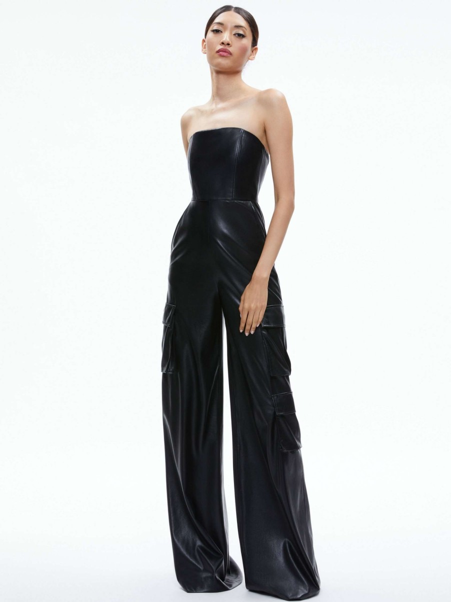 Jumpsuits * | Emelda Cargo Vegan Leather Jumpsuit Alice And Olivia Classical