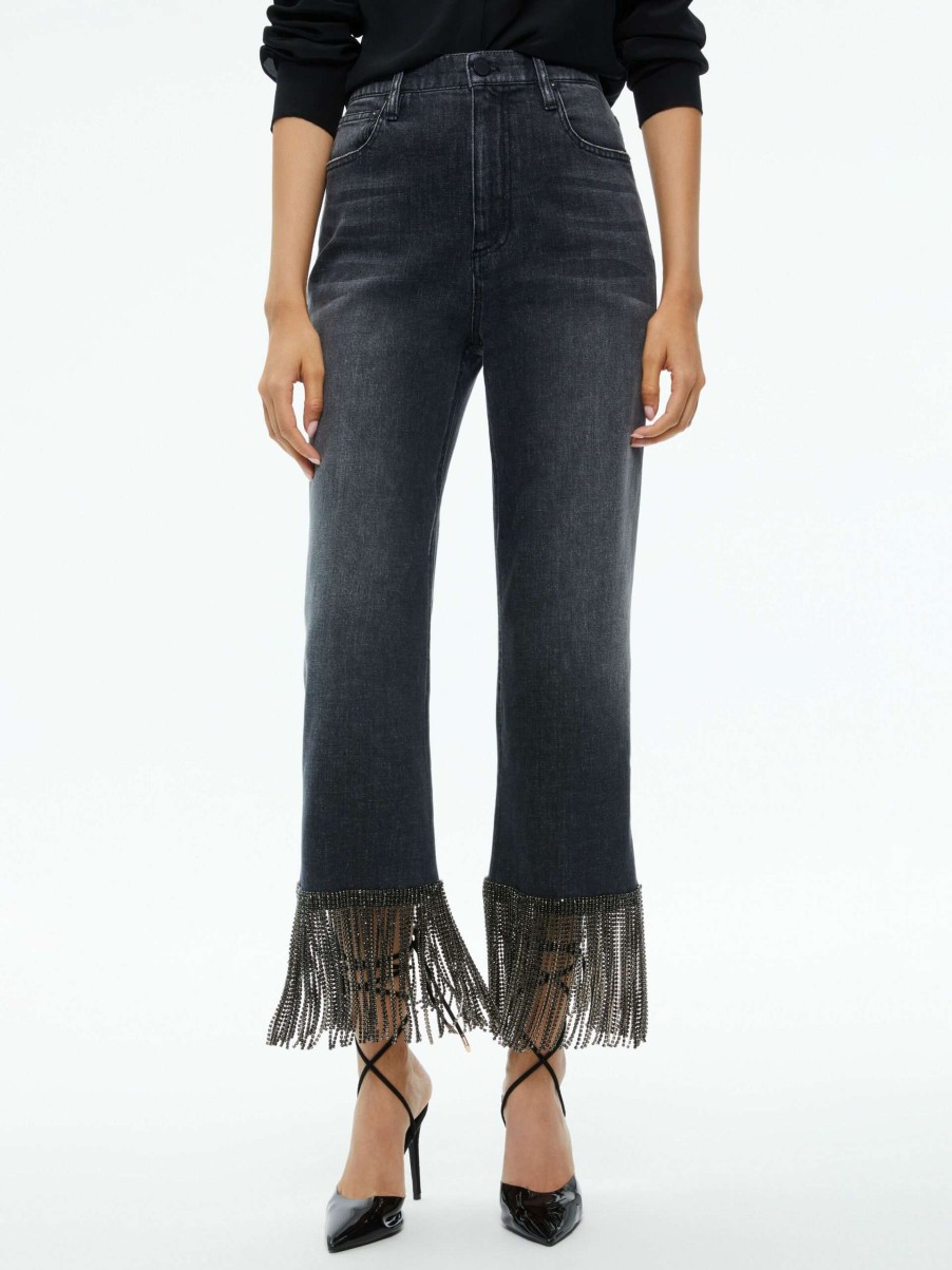 Pants * | Amazing Crystal Fringe Hem Jean Alice And Olivia Discounts