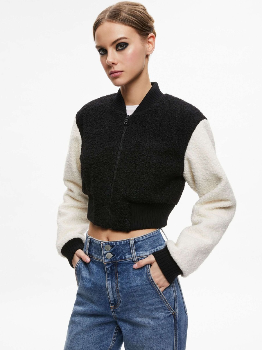 Jackets & Coats * | Felisa Fuzzy Knit Cropped Varsity Jacket Alice And Olivia Clearance Sale