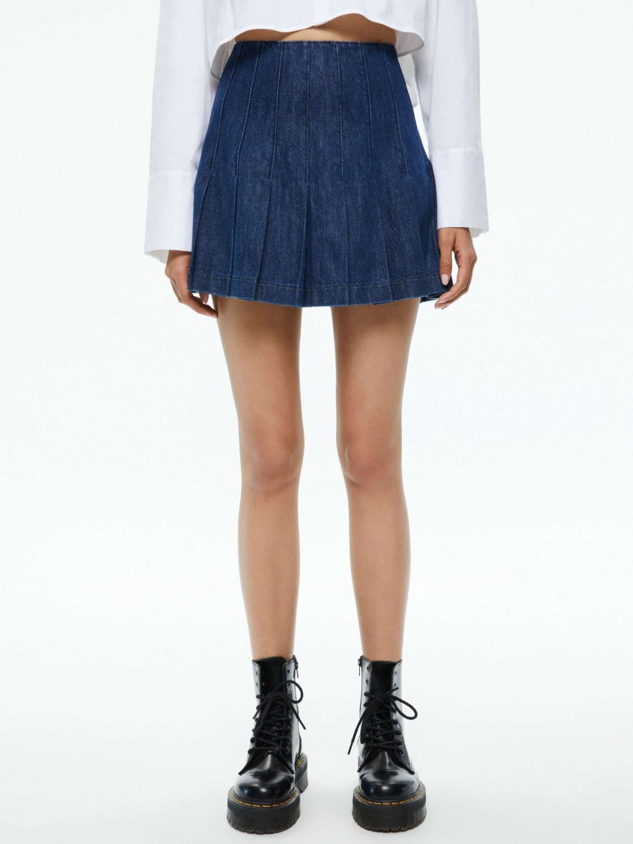 Skirts * | Carter Pleated Denim Mini Skirt Alice And Olivia Low Price