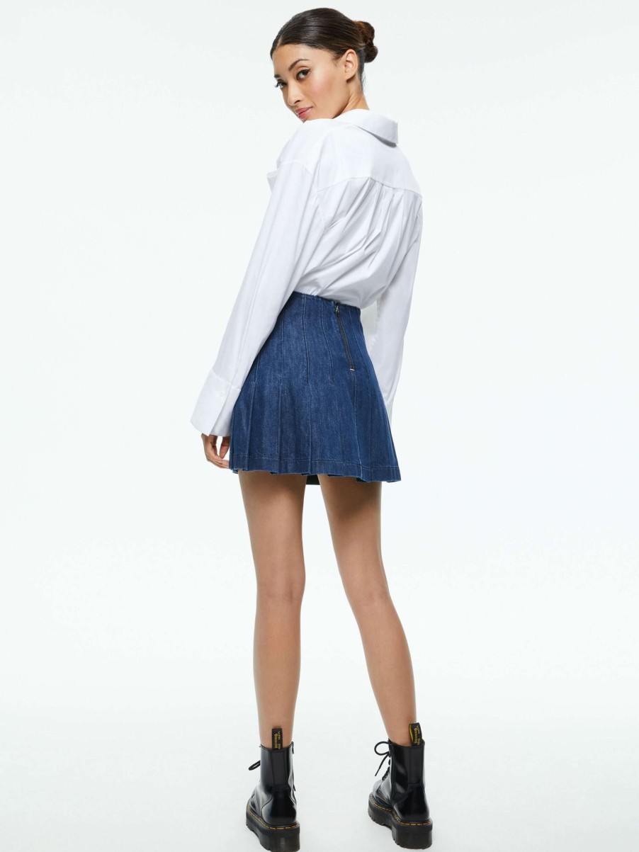 Skirts * | Carter Pleated Denim Mini Skirt Alice And Olivia Low Price