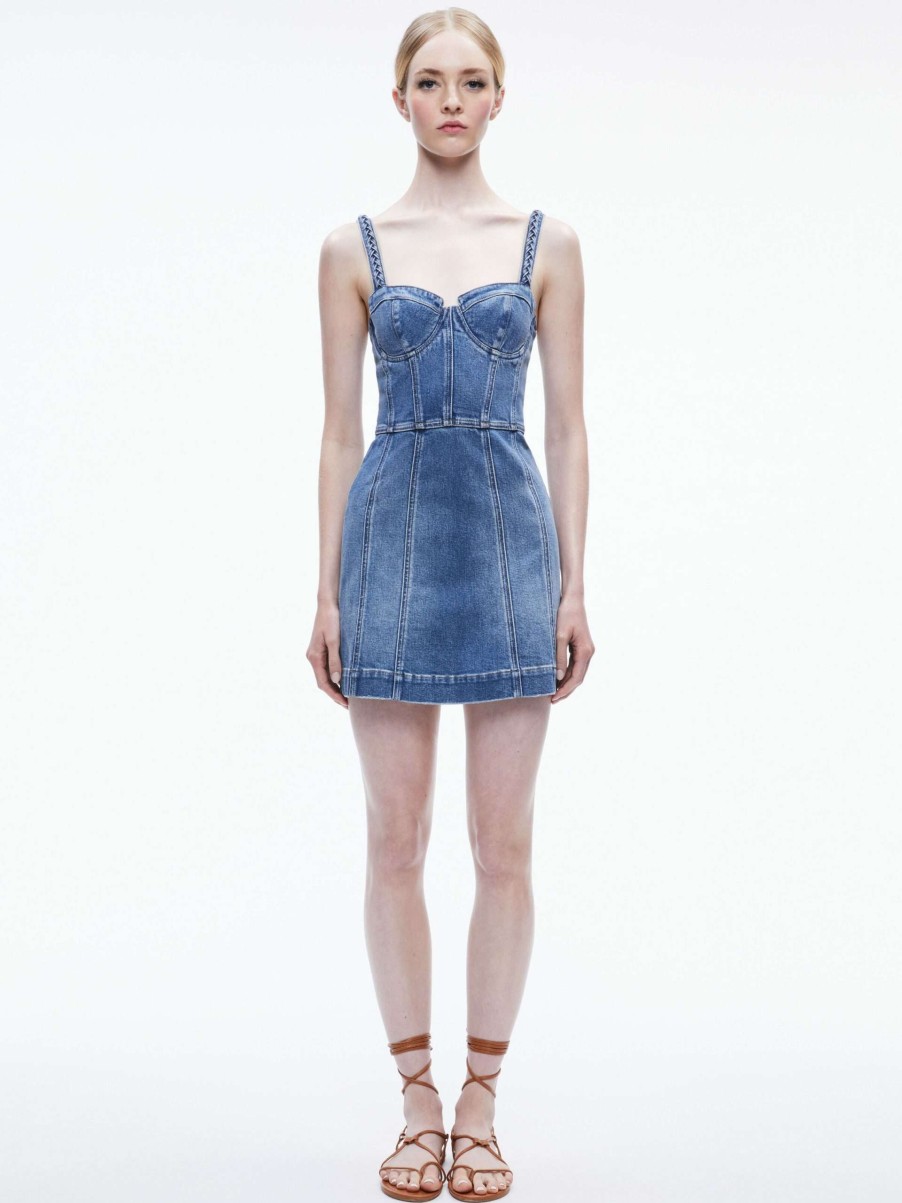 Dresses * | Raylene Denim Bustier Mini Dress Alice And Olivia Reliable Quality