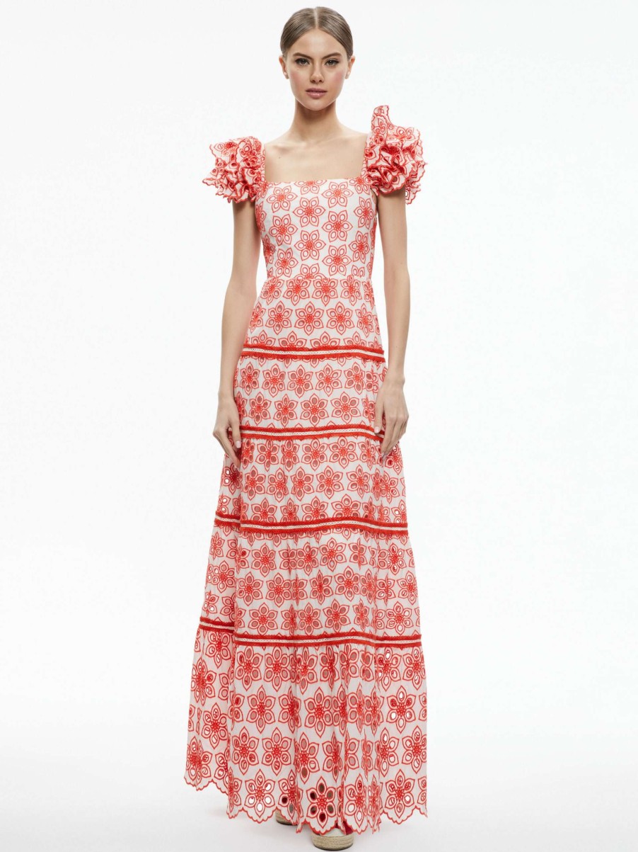 Dresses * | Tawny Square Neck Ruffle Tiered Maxi Dress Alice And Olivia Flash Sale