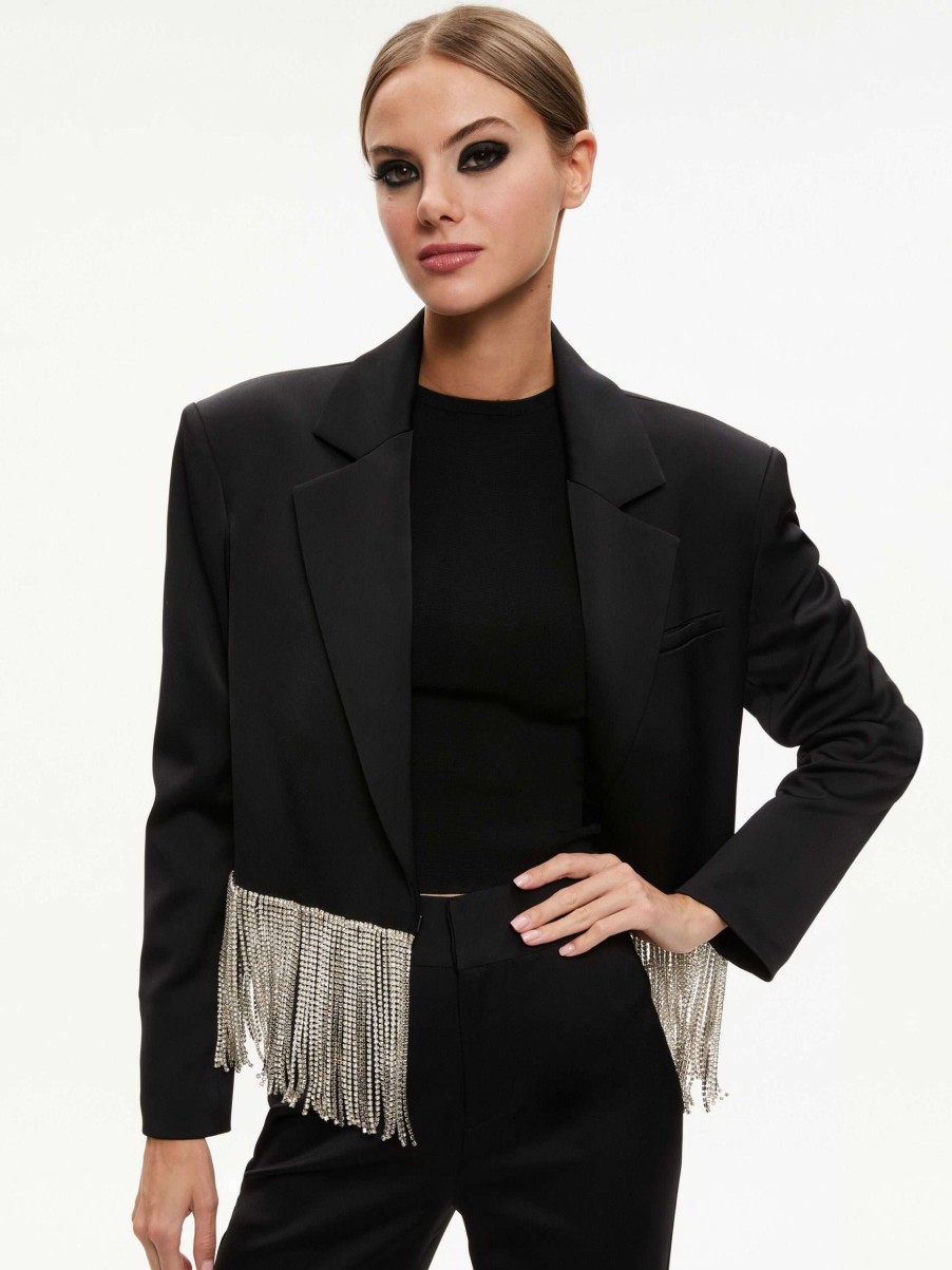 Jackets & Coats * | Shan Crystal Fringe Blazer Alice And Olivia Large Choice