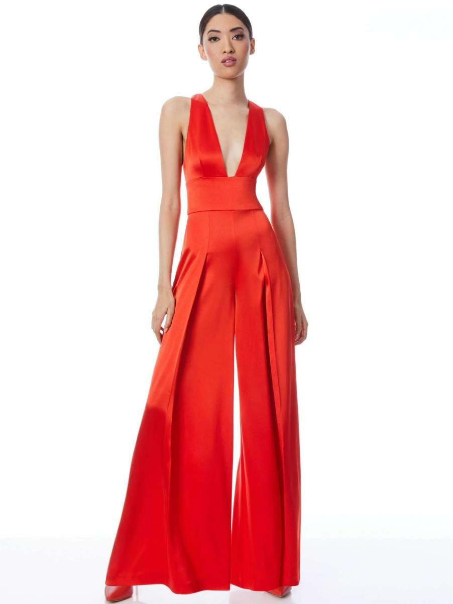 Jumpsuits * | Myrtle Deep V-Neck Wide Leg Jumpsuit Alice And Olivia Excellent Quality